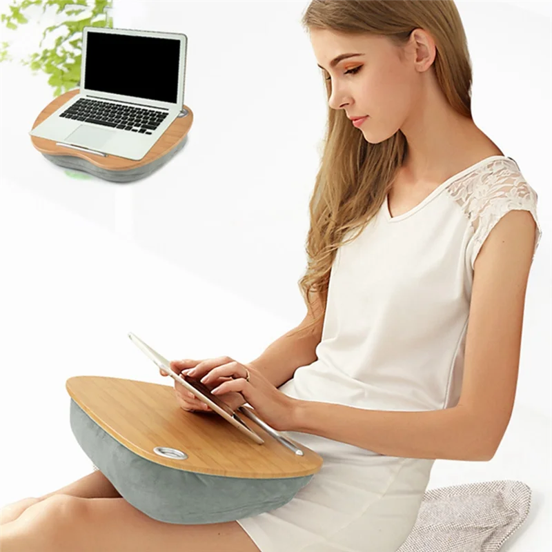 Lap Desk with Pillow Cushion Portable Bamboo Laptop Table Pillow Lap Desk Learning Desk for 14 Inch Computer Notebook C