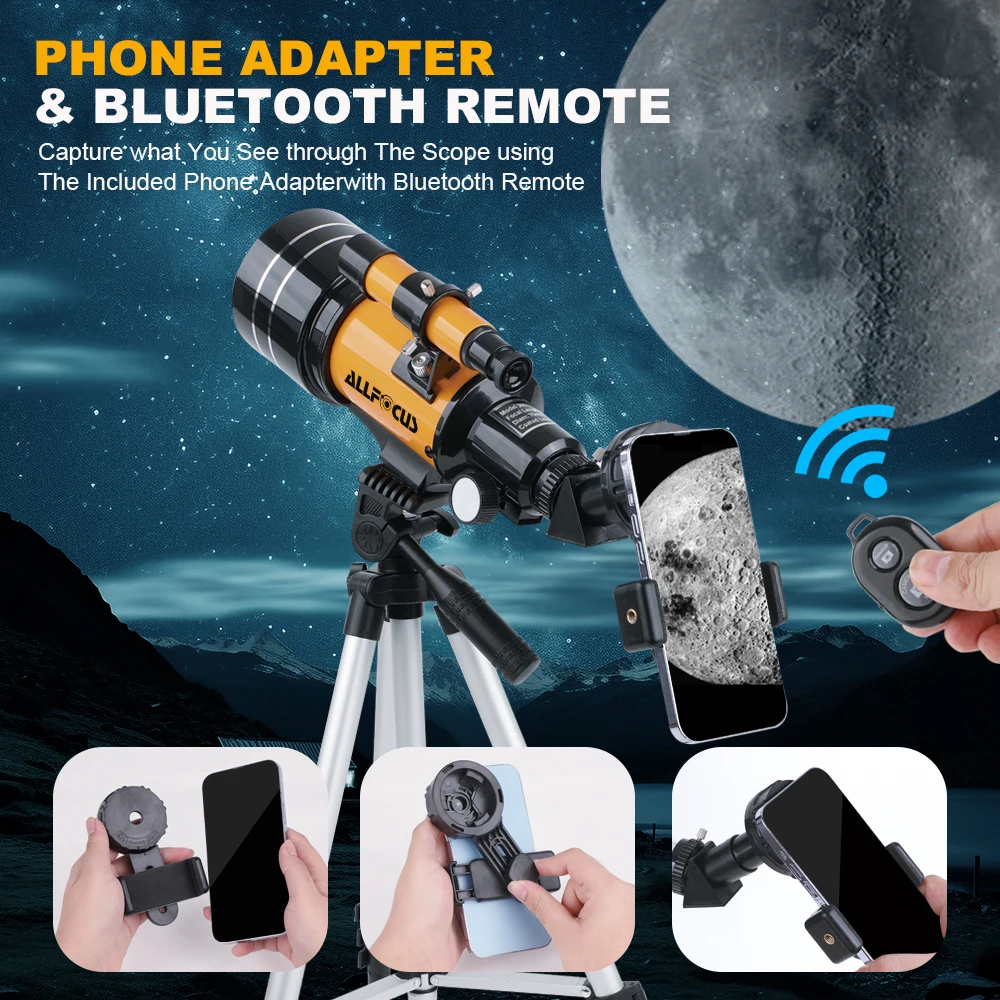 ALLFOCUS 150X Astronomical Telescope , 70mm Aperture Refractor Portable Travel Telescope with Phone Adapter &Wireless Remote