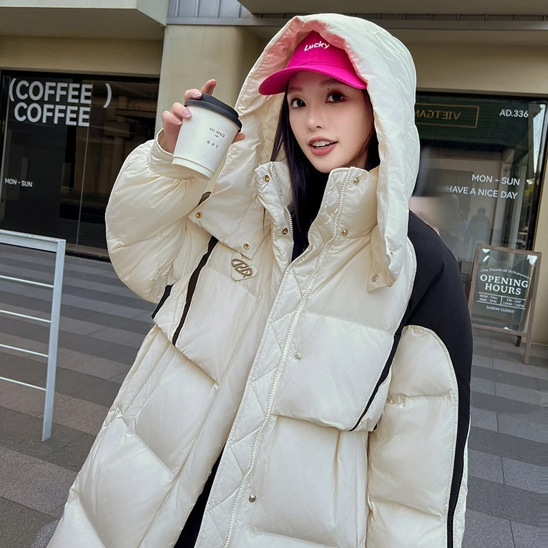 レディースロング厚手ダウンコート 2025年春新作 ファッションカラーブロック フード付き暖かいダックフェザージャケット カジュアル