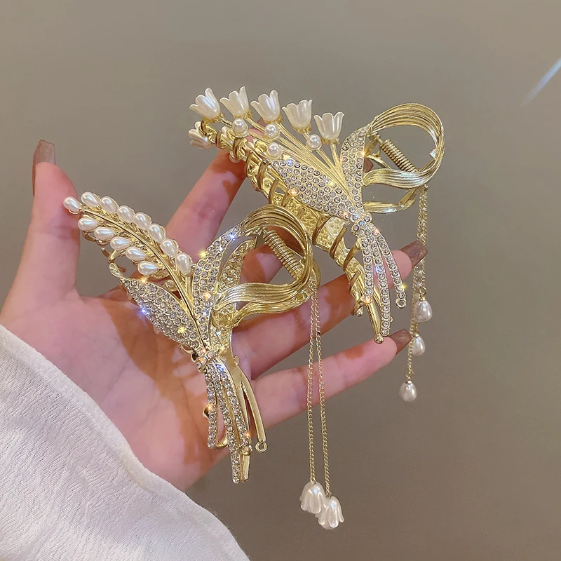 Korea Elegant Lily of The Orchid Flower Grab Clip Retro Women\'s Pearl Fringe Ponytail Claw Clip Girl Hair Decorative Headwear