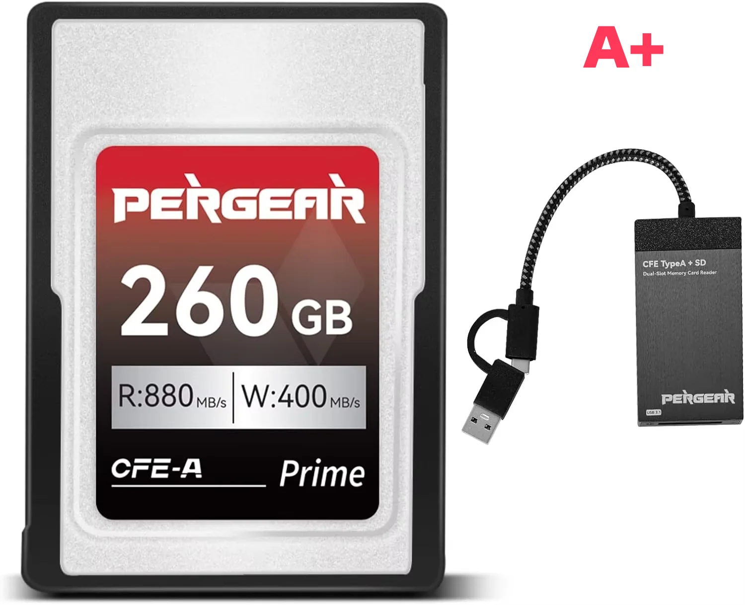 

PERGEAR Professional 260GB CFexpress Type A Memory Card with Card Reader Up to 880MB/s Read Speed & 900MB/s Write Speed for 4K