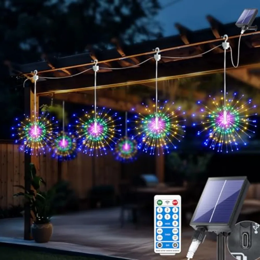 

Starburst Sphere Lights 6 Pack 1200LEDs Solar Firework Lights with Waterproof 8 Modes Remote DIY Type C Charging Dimmable Timer