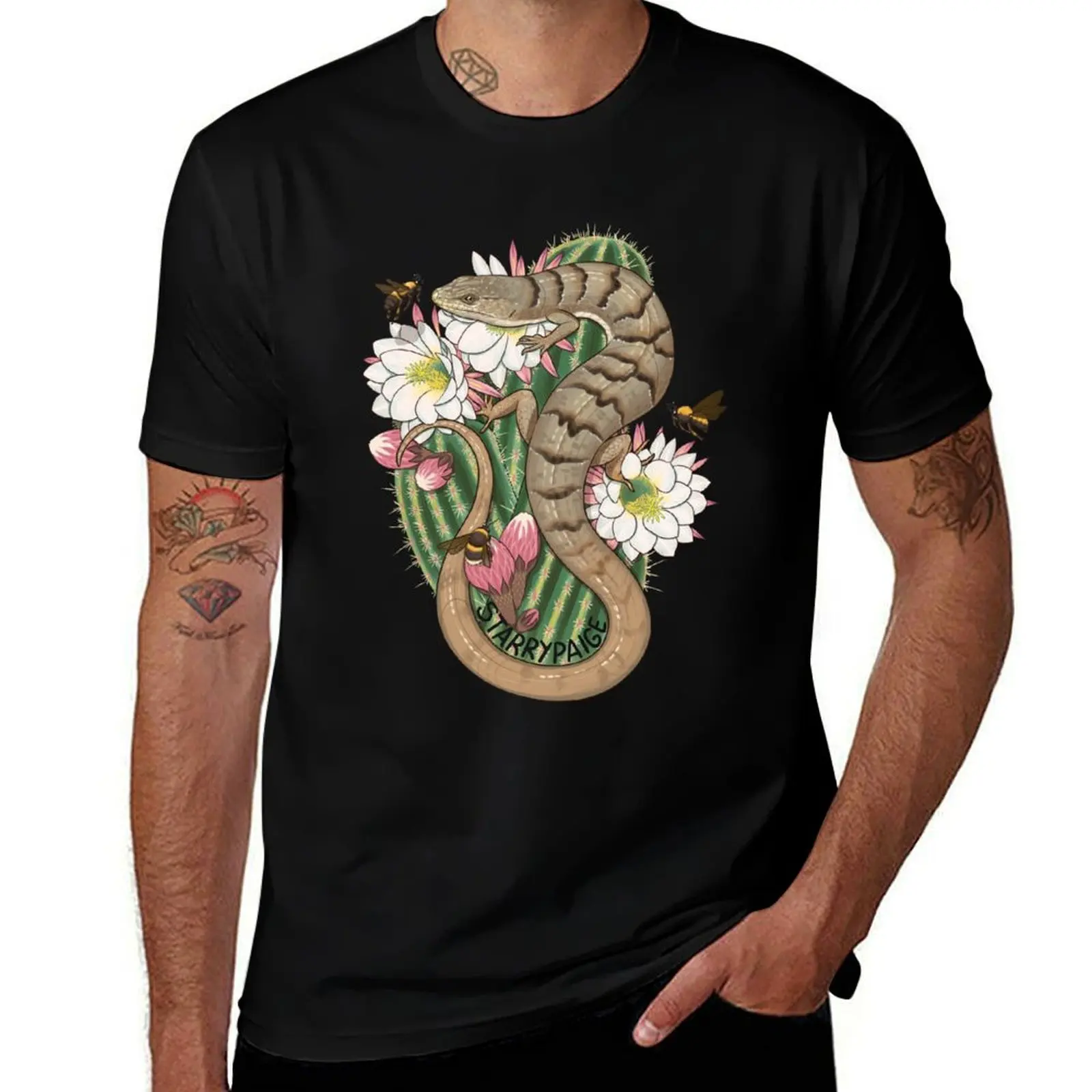 

Southern Alligator Lizard with Blooming Cactus and Bumblebees T-Shirt tshirts personalised cotton graphic tees clothing for men