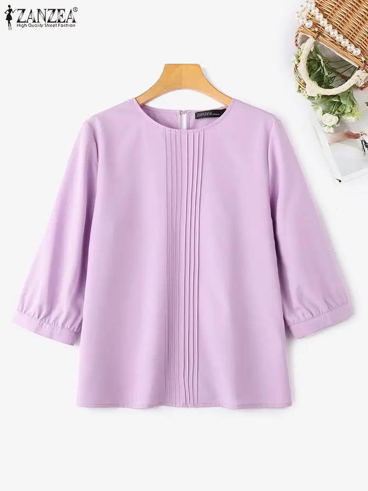 ZANZEA Korean Office Chiffon Blouse Women Pleating Shirts Casual Solid Round Neck Tops Tunic 2024 Summer Simple Basic Blusas