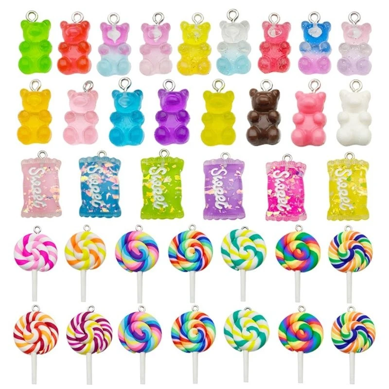 

652F Sweet 32 Pieces Candy Pendant Charm Colorful Bear Pendants Resin Clay Lollipop DIY Decoration Gift for Women