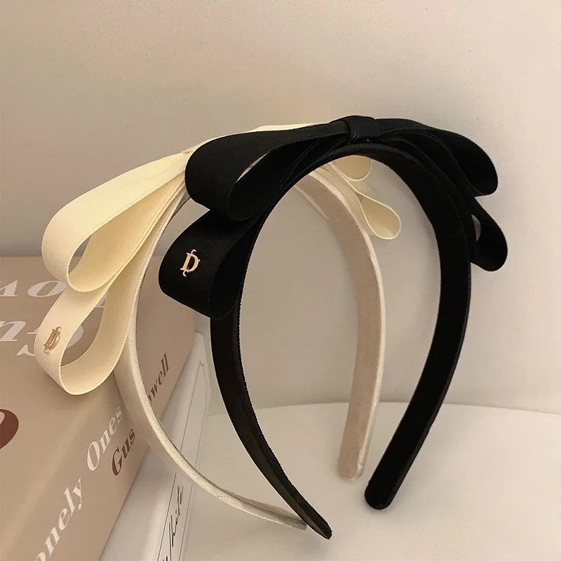 Vintage Satin Bow Ribbon Headbands for Women Metal Letter D Princess Elegant Bowknot Hair Band Female Hair Accessories Headdress