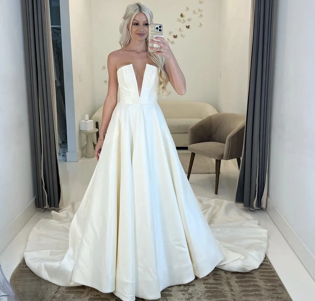 Customize To Measures Wedding Dress V-neck Sleeveless Soft Satin For Women Bridal Gowns 2025 Robe Mariee Long Train Elegant