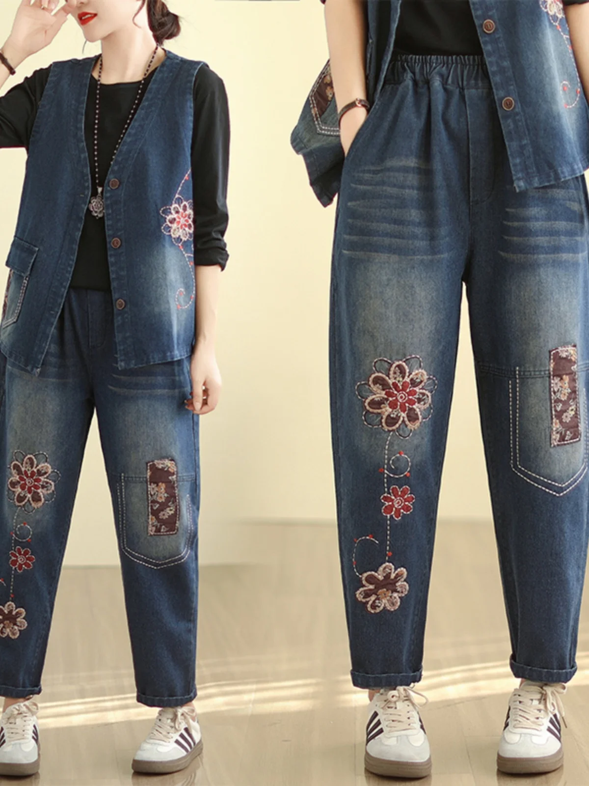 

3319 New Design Cowboy Vintage Denim Suits For Woman Vest And Jeans Fashion Patchwork Embroidery Two Piece Set Female Clothing