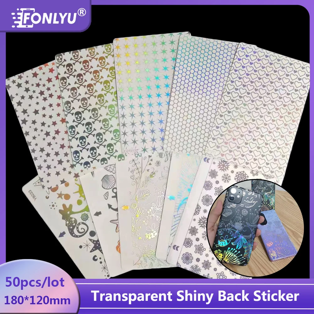 

FONLYU 50pcs Colorful Transparent Shiny Back Sticker Skins for Cellphone Rear Cover Glass Screen Protector Film Cutting Machine