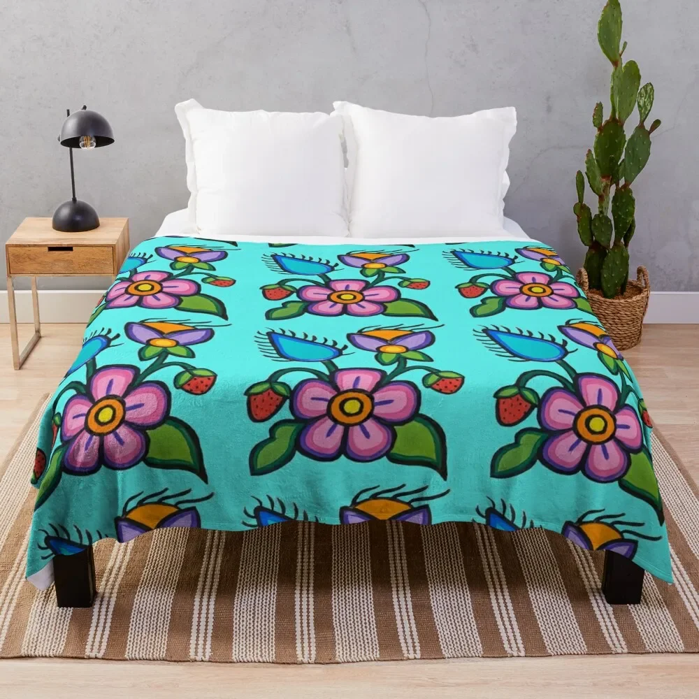 

Strawberry Bloom on soft cyan Throw Blanket Ultra Soft Flannel Fleece Blanket for All Seasons