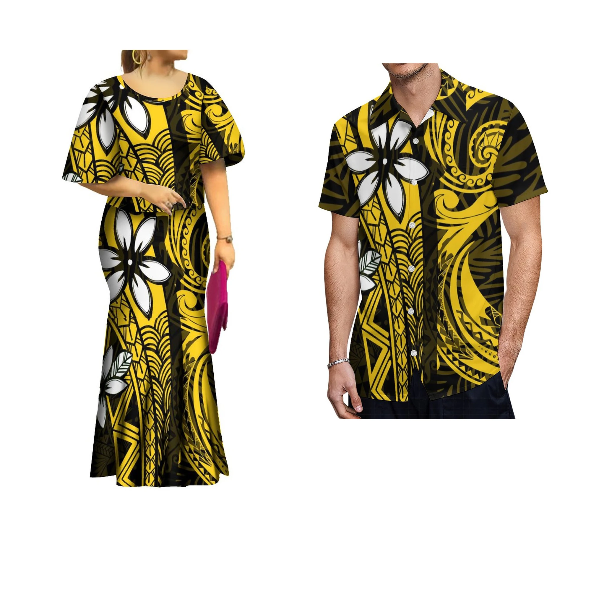 Personality Fashion Design Tribal Maxi Fishtail Skirt Womens Set Samoan Print Bat Sleeve Collocation Men Shirt Sets Of Couples