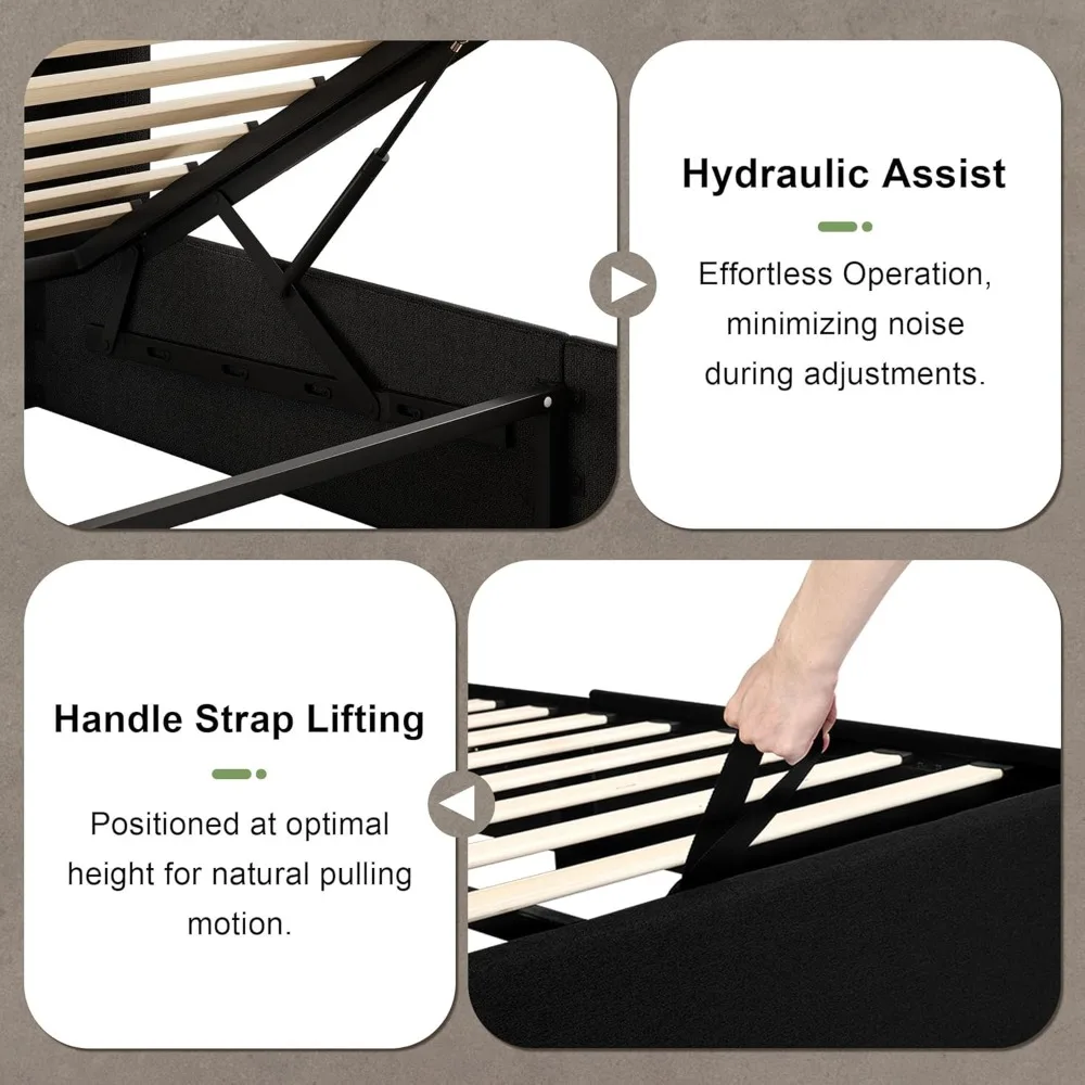 إطار سرير تخزين كبير الحجم من Feonase، سرير بمنصة منجدة من الكتان مع لوح رأسي مجنح، تخزين هيدروليكي، بدون صندوق S #6