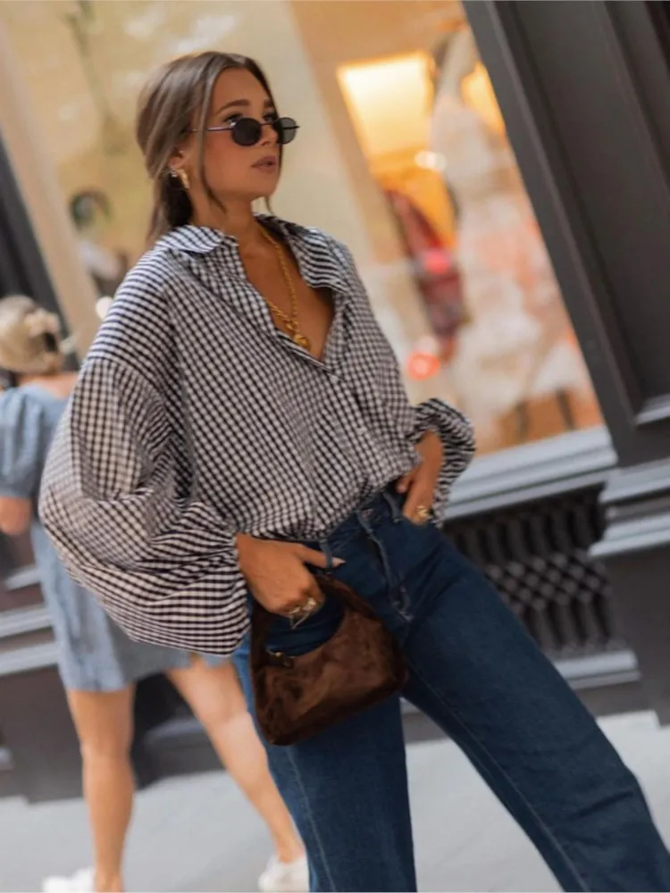 

Женская рубашка для офиса, новая весенне-осенняя рубашка в клетку, модный женский топ с отложным воротником и рукавами-фонариками