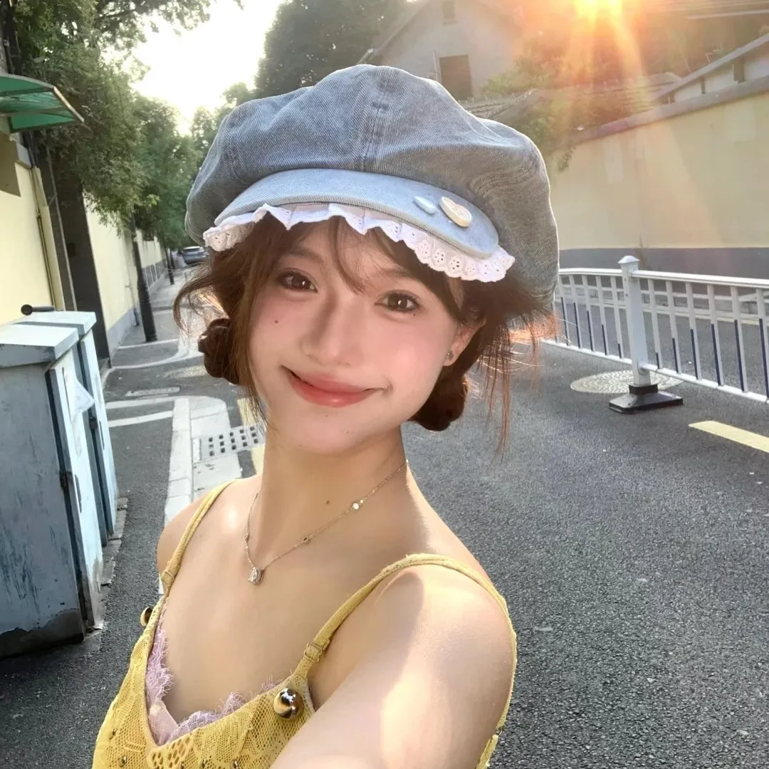 Women Denim Beret Hat Lace Trim Button Decor Sweet Newsboy Cap Sun Shade All Match Fashion Casual Headwear For Ladies Girls One