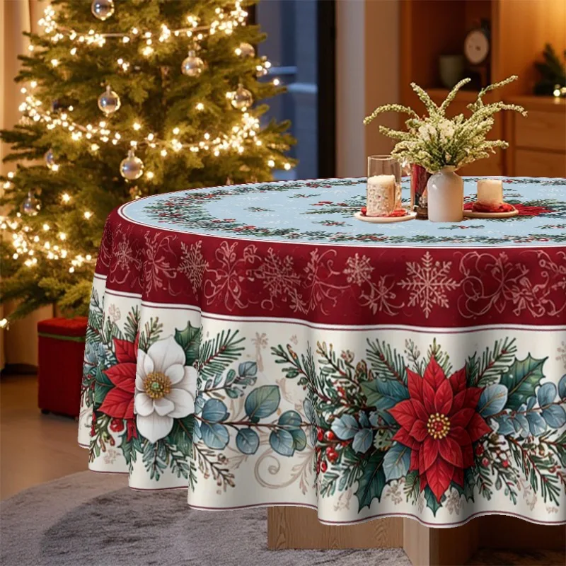 1 tablecloth, Christmas-themed, round tablecloth with embellished flowers, holly and snowflake prints