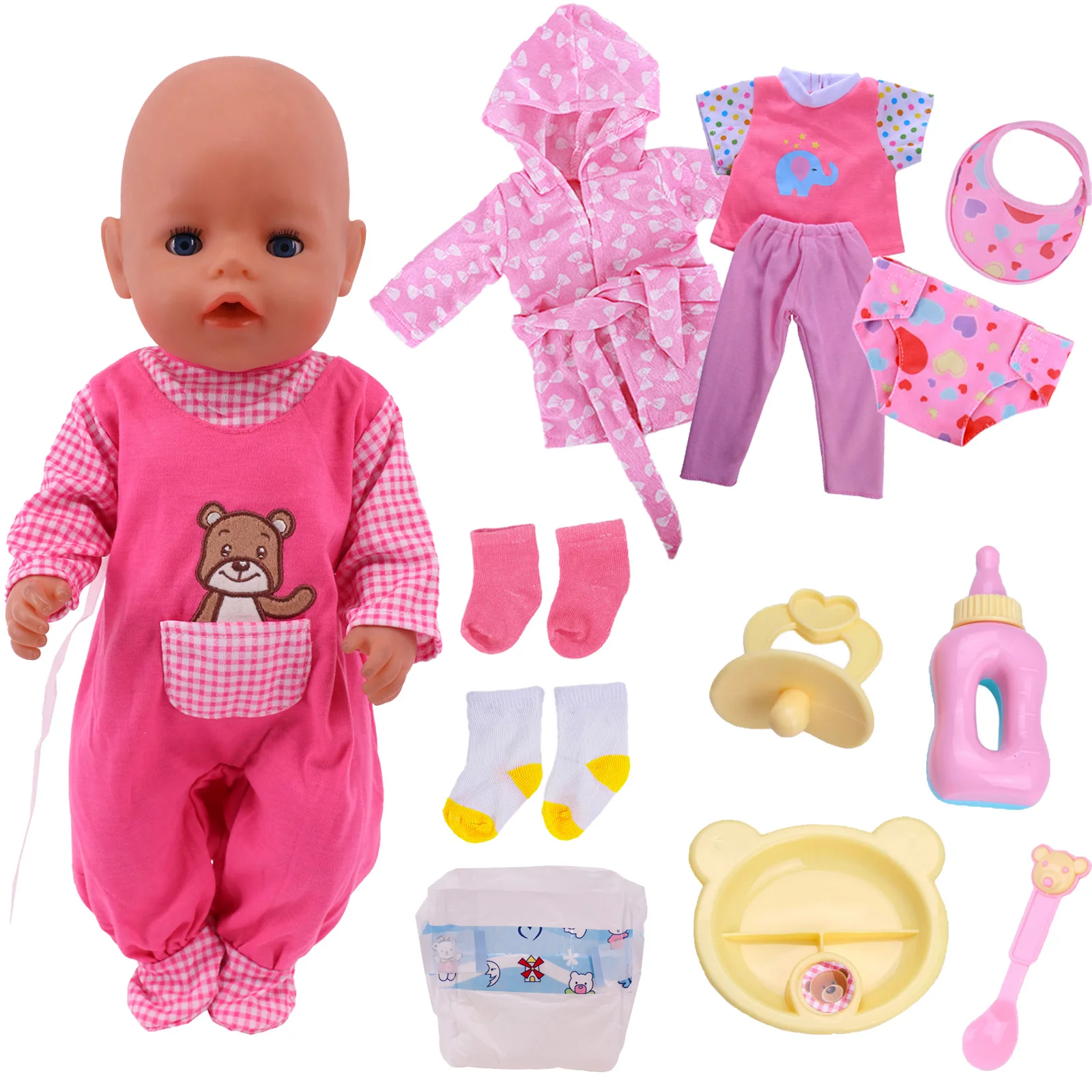 Baby Doll Clothes Accessories Newborn Doll Diaper Tableware Milk Bottles Socks Fits 43cm Baby Doll & American 18 Inch Girl Doll