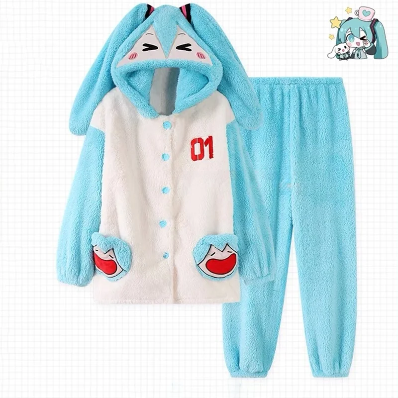 漫画初音ミク柄ナイトガウンコーラルフリーススリーピングローブとパンツはホーム服として着用でき、彼女へのギフトとして屋外で着用できます