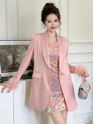 Dolce francese vestito allentato cappotto donna elegante carino rosa raso pelliccia polsino tasche giacche formale Business Blazer partito top vestiti