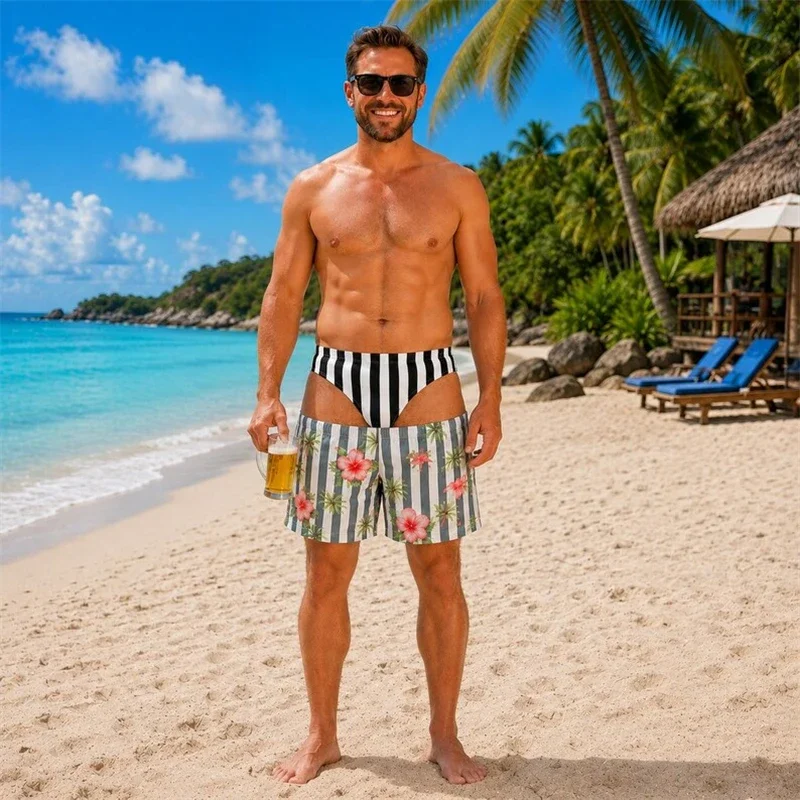 Men Crazy Fake Bikini Waist Swim Trunks Red White Stripe Palm Tree Print Fun Party Beach Shorts