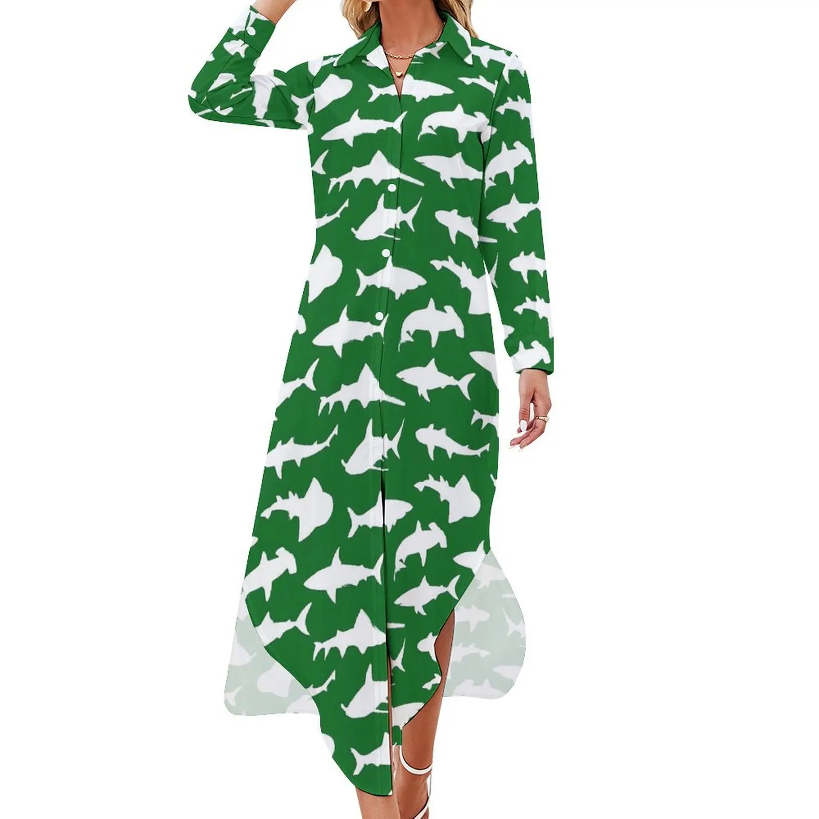 

Sharks on Green Casual Dress Animal Silhouette Streetwear Dresses Sexy V Neck Cute Chiffon Dress Long Sleeve Vestido Big Size