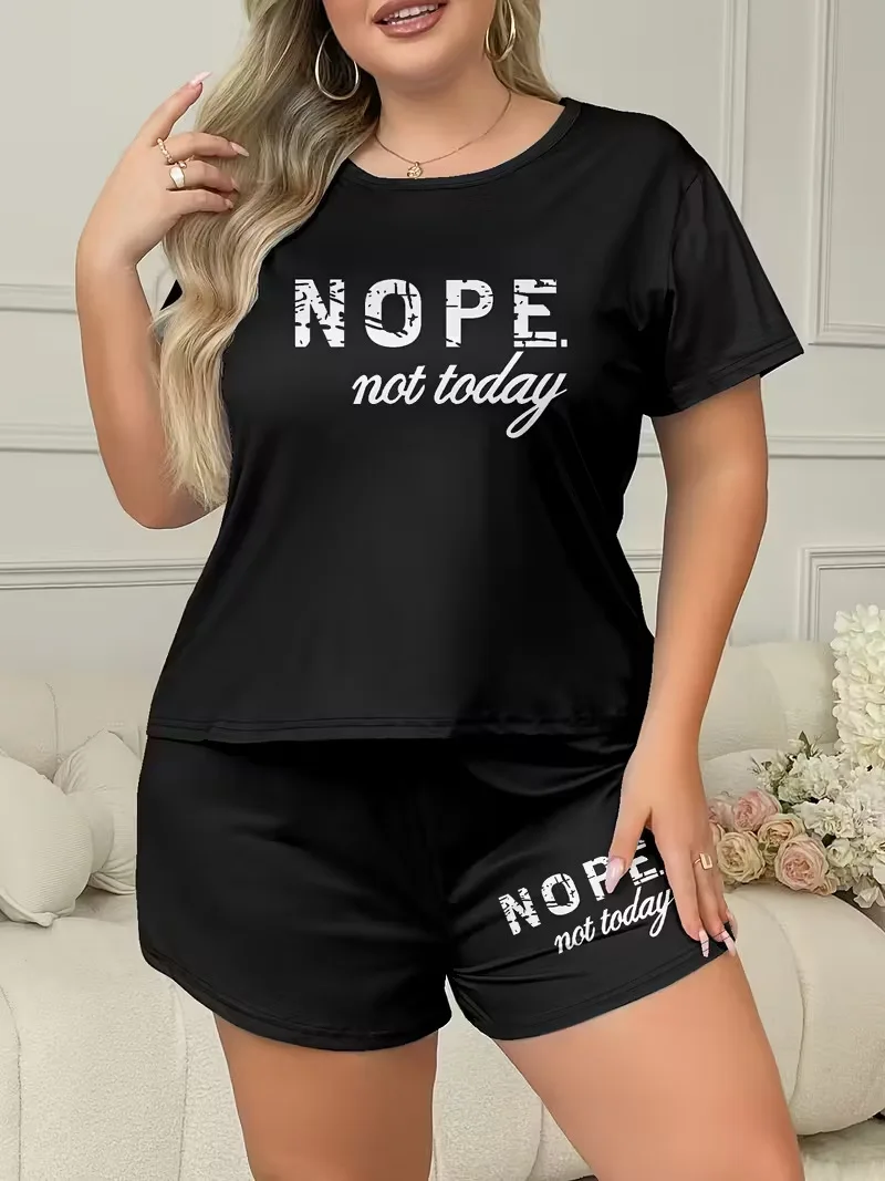 

Letters Print Pajama Set Short Sleeve Tee And Elastic Shorts Plus Size Fit Women's Casual Attire Sports Wear Loungewear Homewear