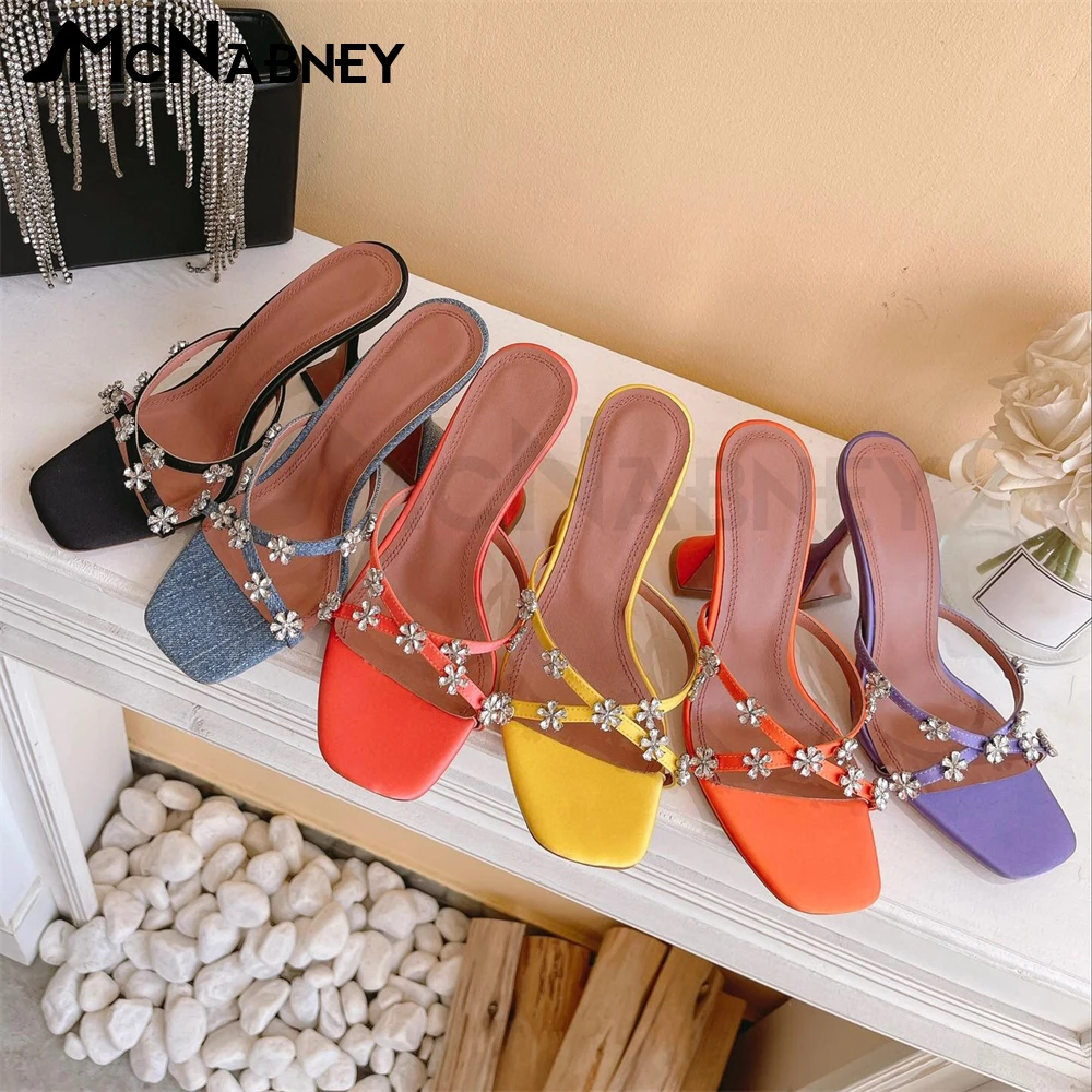 

Cross Strap Denim Slippers Rhinestone Flowers Summer Shoes Multicolor Luxury Sandals Satin Square Toe High Heels for Women Sale