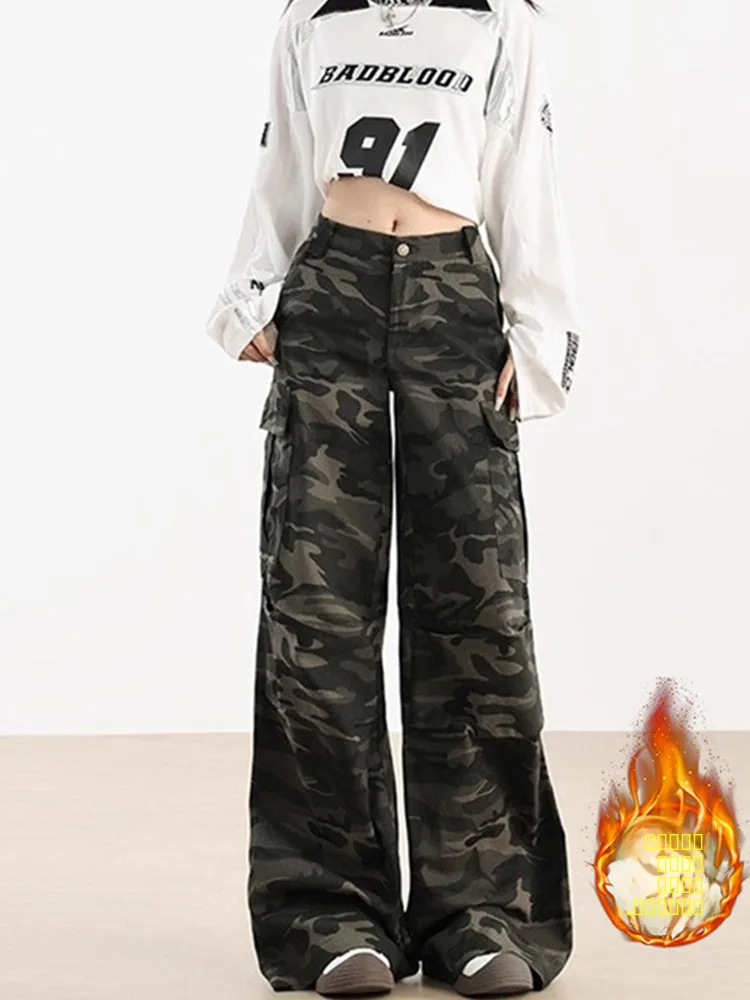 

American Sle Camouflage Wide Leg Pants Women's Loose Fit High Waist Straight Cut Casual Trousers Autumn Winter plus Size