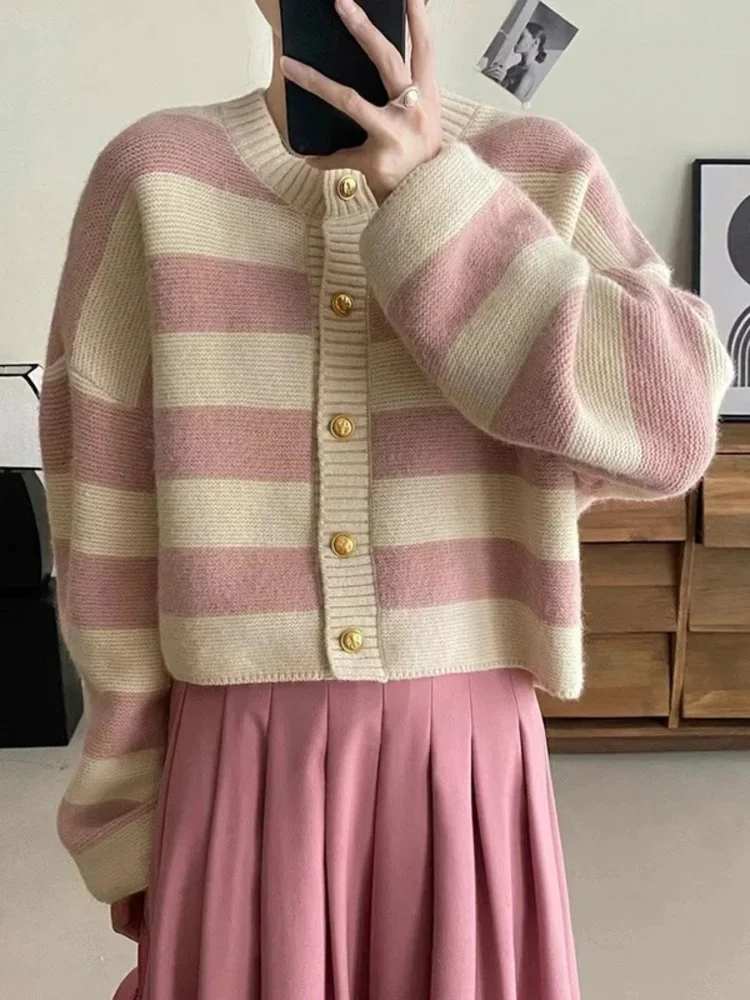 Korean fashion sweater cardigan women knitted striped sweater autumn winter long sleeve loose short cardigans female casual tops