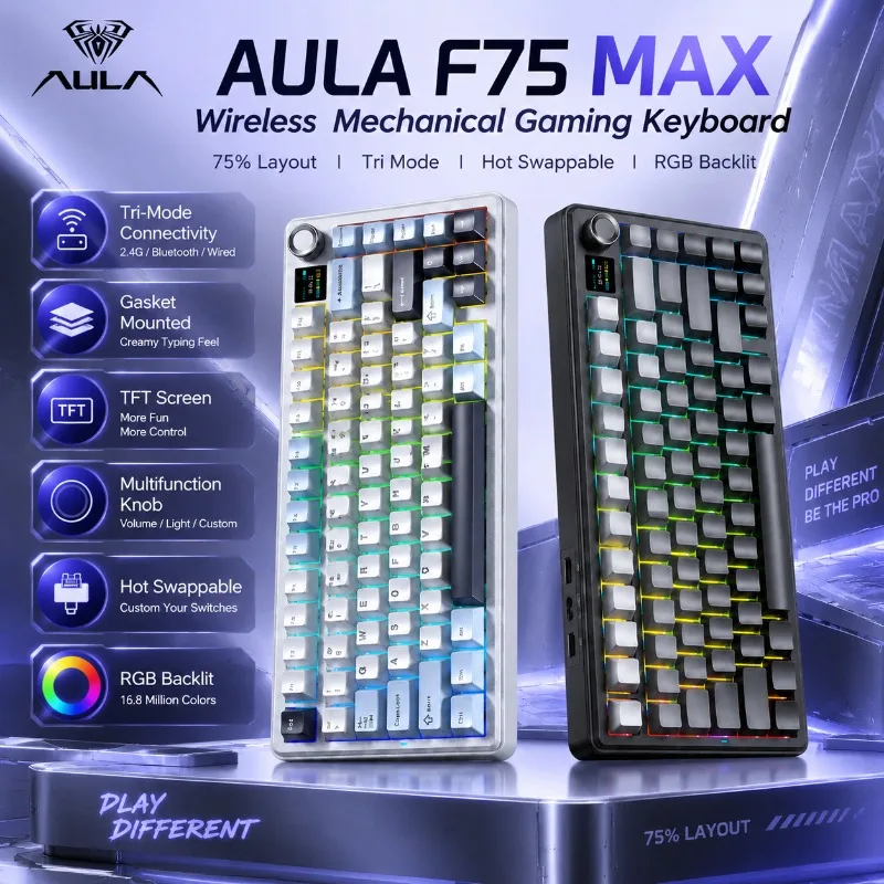 AULA F75 MAX Mechanical Gaming Keyboard 75% Wireless Hot Swappable Gasket Mounted RGB Keyboard with TFT Screen Knob for PC Mac