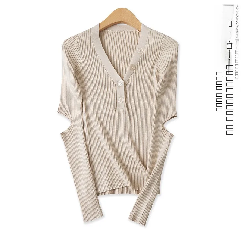 

Faionable Knitted Sweater V-Ne Button Slit Long Sve Overhead Top for Women Spring Autumn New Sle Versatile 632