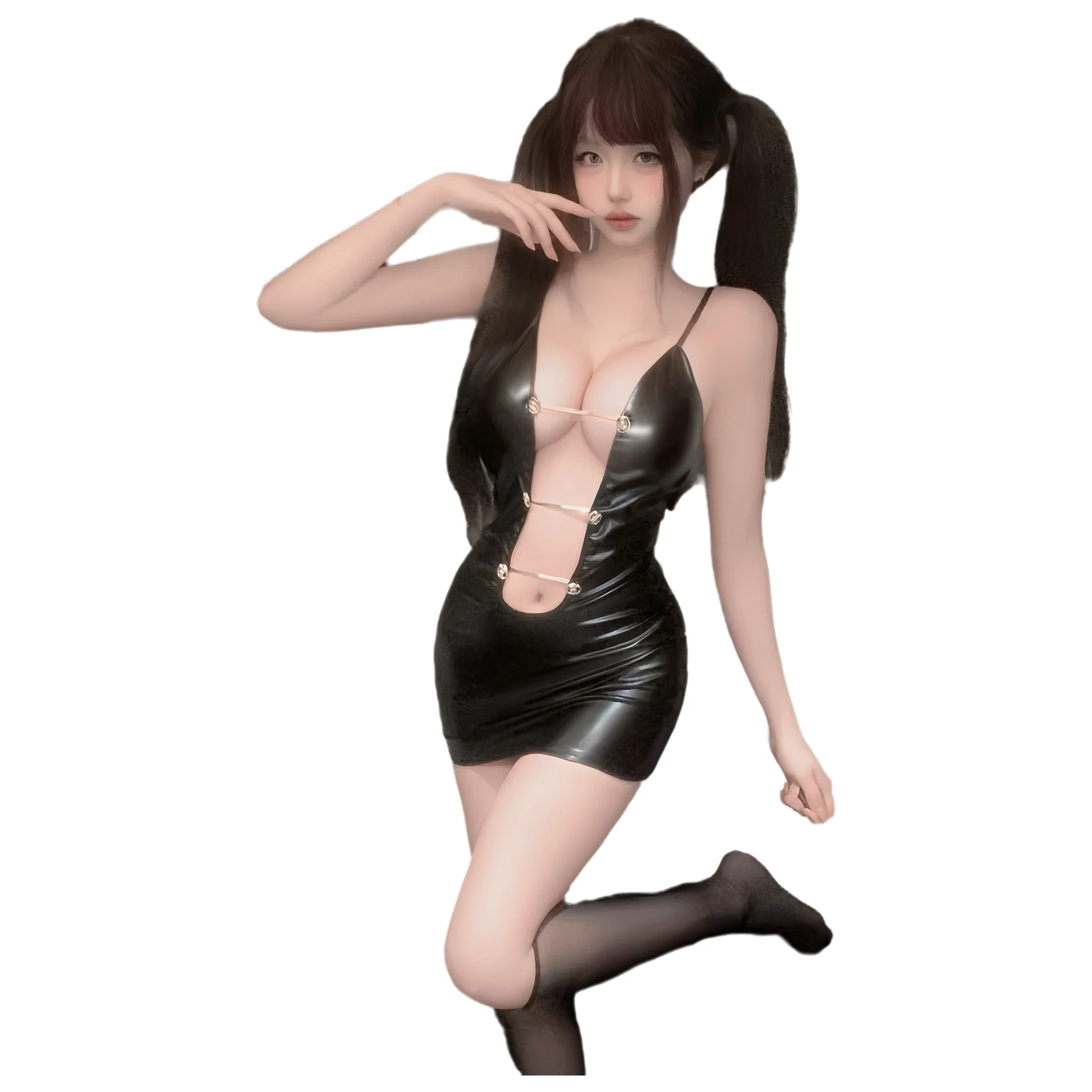 

Sexy Sexy Hollow-out Patent Leather Bodycon Dress With Straps Beautiful Back And Shoulder Straps Nightclub Dress Charming 3H9Y