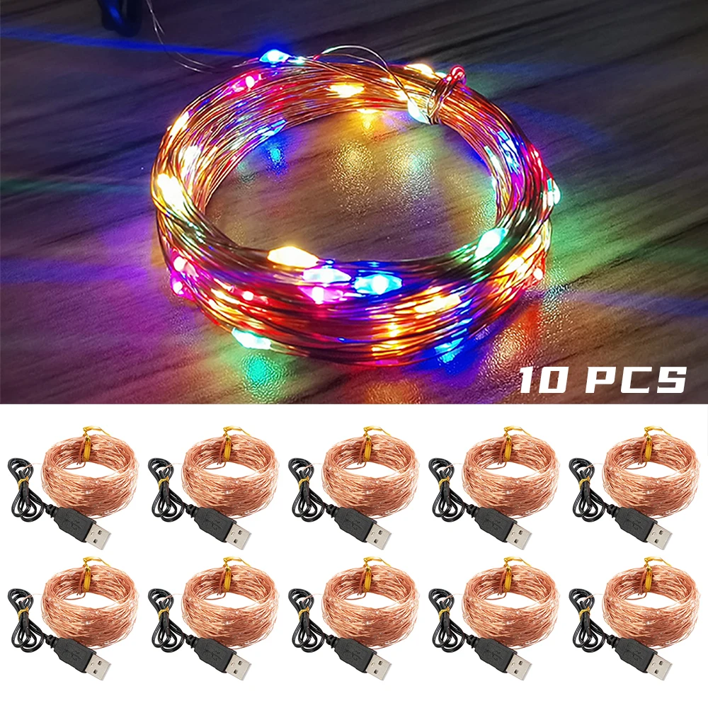 10Packs LED String Lights 2M  5M 10M 20M USB Copper Wire Garland Fairy Lights Christmas Decoration Wram White/White Four Colors