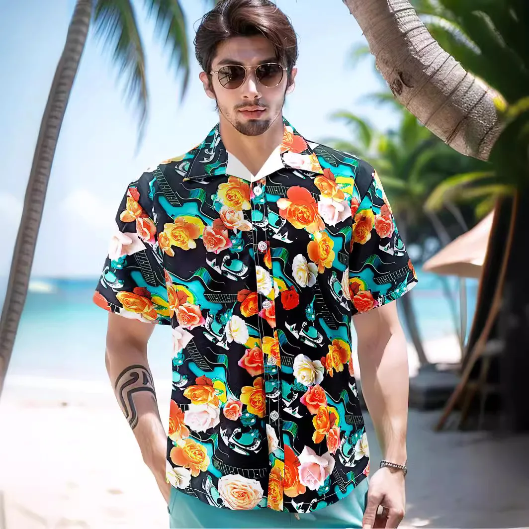 Summer Sale Clothes Hawaiian Shirt Man Origina Guitar Rose Flowers Shirt Male Loose Beach Casual Short Sleeved Shirt EU Size