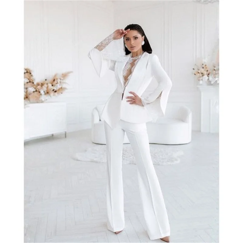 2 pezzi abiti da donna in pizzo Set Designer Blazer bianco elegante smoking da sposa formale con scollo a V abito da ballo per feste costumi su misura