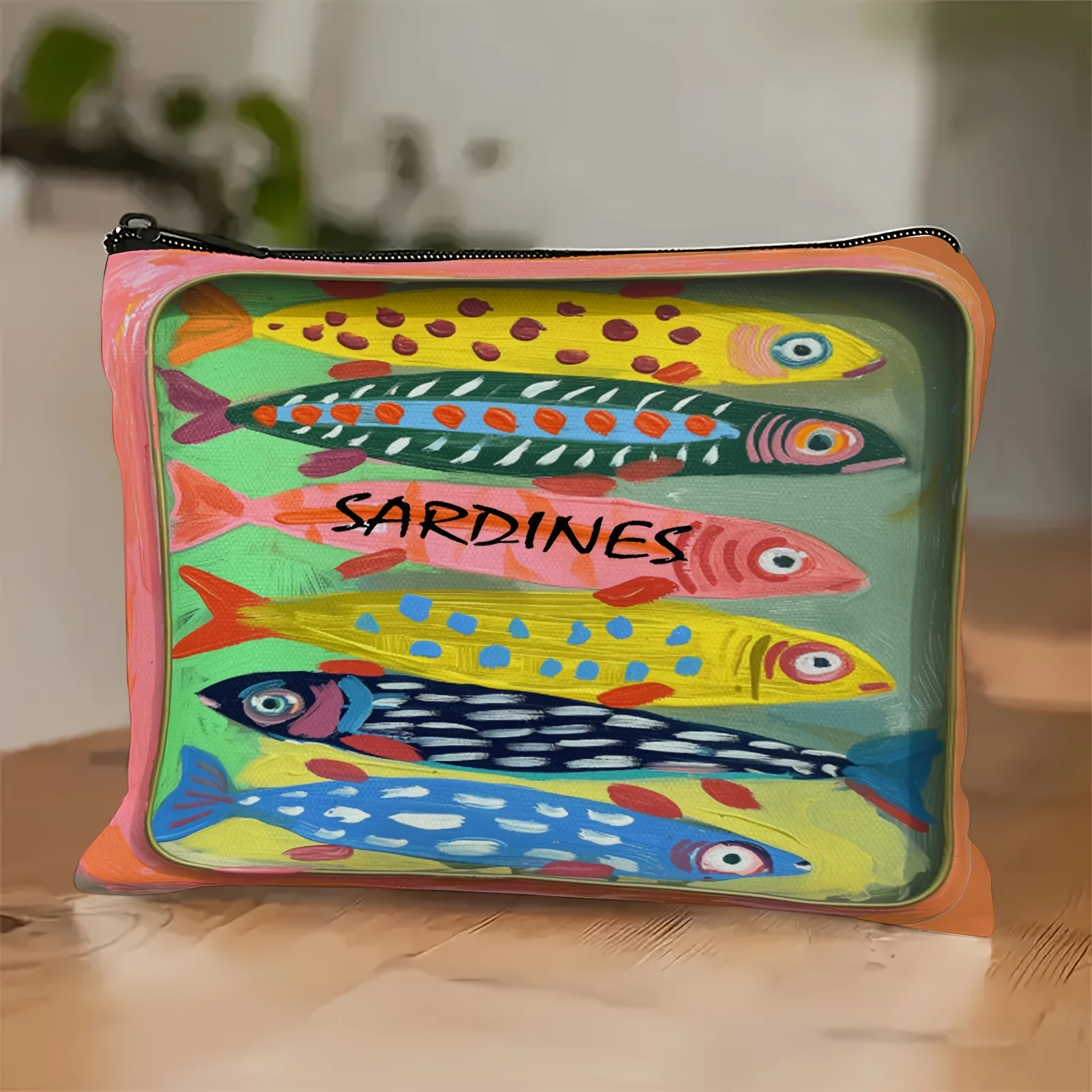 Vintage Sardine Design Zipper Pouch Travel Bag for Cosmetics, Snacks, Toiletries, Coins, Pencils Colorful Canned Fish Pattern