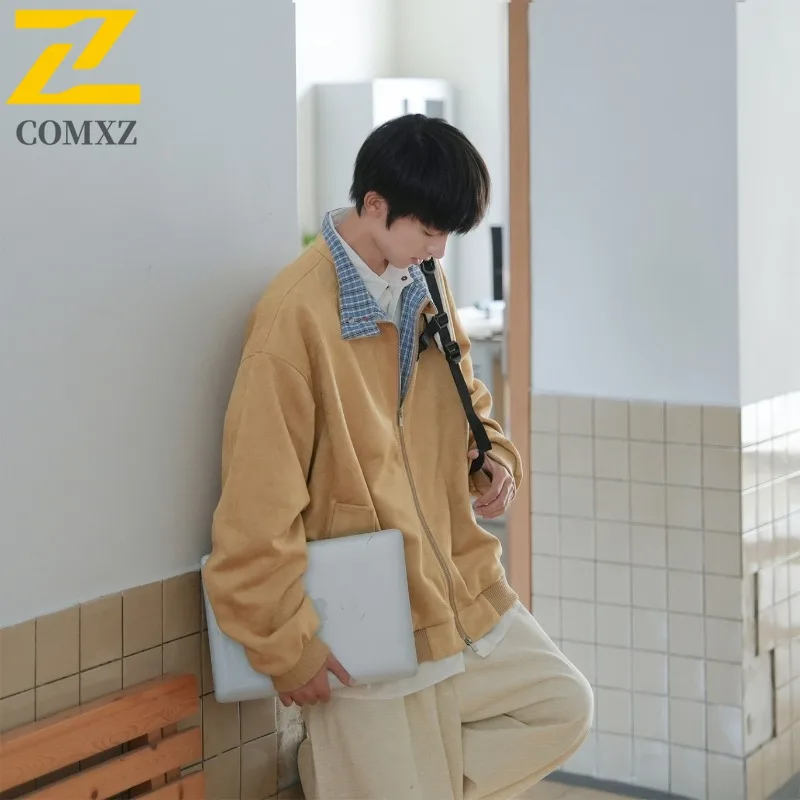 

COMXZ Unisex Suede Coat Plaid Patchwork Workwear Jacket Lapel Design Durable Fabric Spring Autumn waterproof and windproof 2025