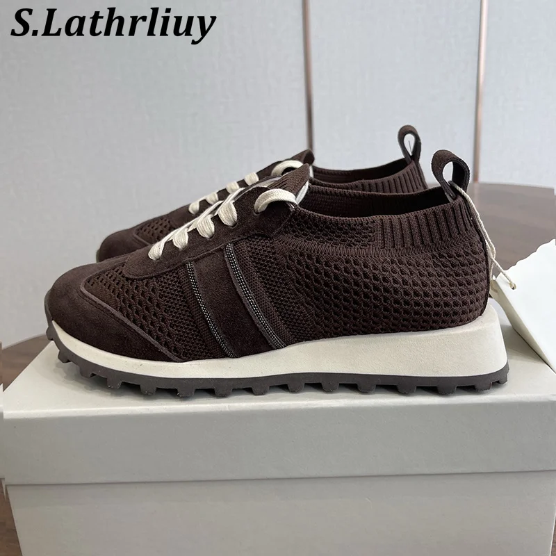 Round Toe Beaded Flat Shoes Women Lace Up Knitted Breathable Sneakers Spring Thick Soled Versatile Casual Shoes Running Shoes