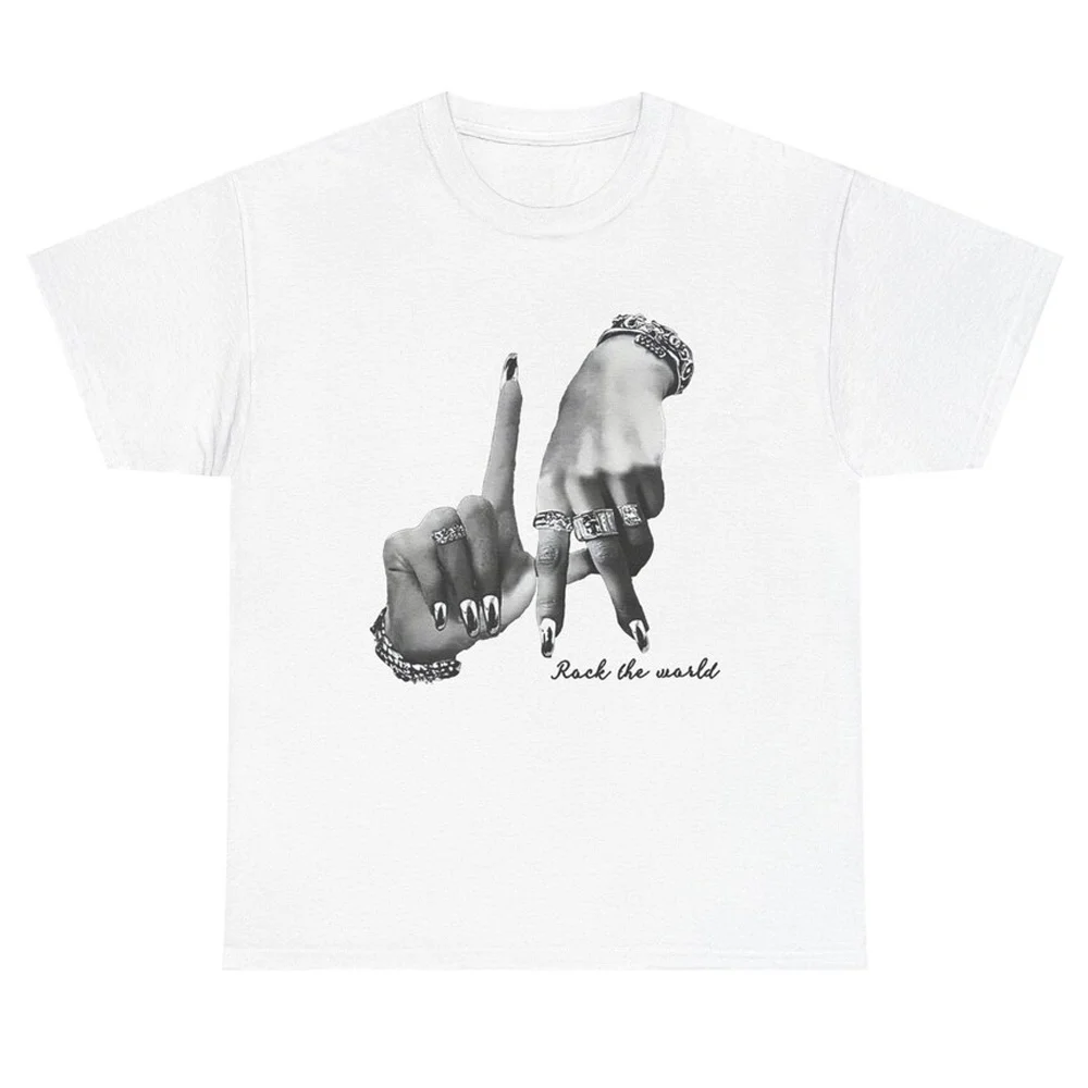 Women's Casual Simple Hand Gesture Print Loose Crew Neck Short Sleeve T-Shirt Summer Unisex Retro Street Y2K Fashion Tops Cloths