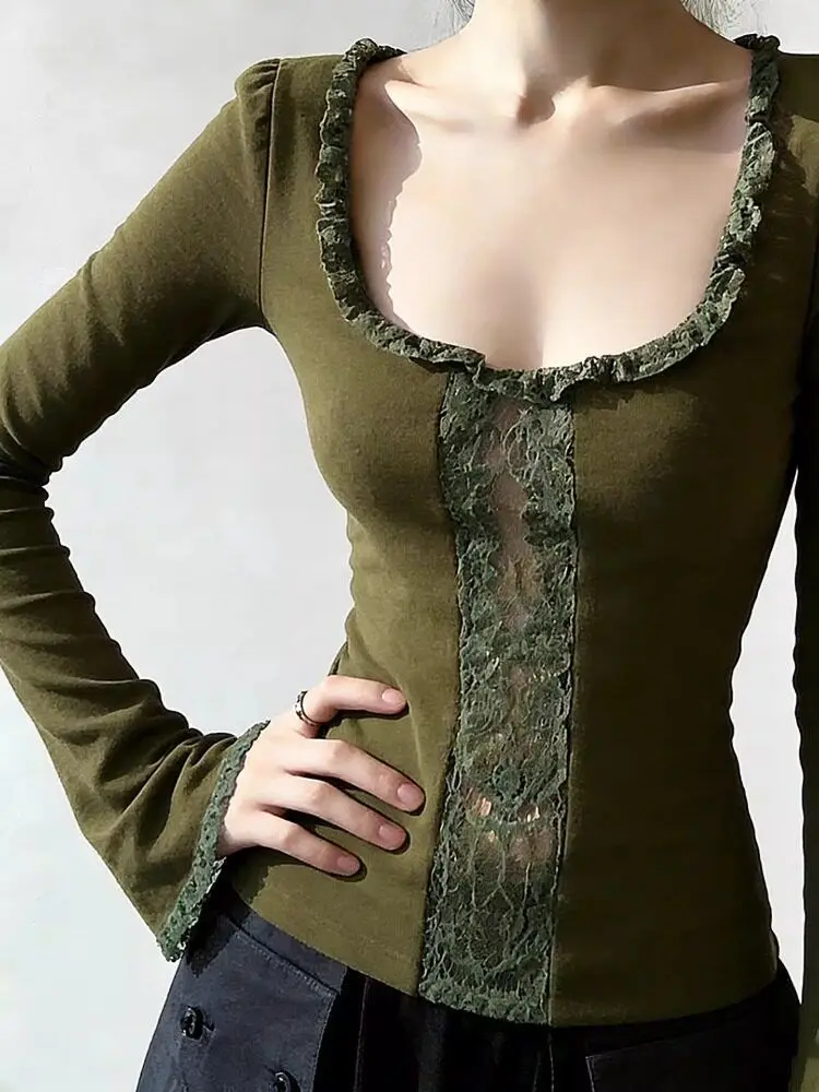 Y2k Green T Shirt For Women Spring Autumn Hollow Out Vintage Sexy Ropa De Mujer Solid Ruffles Slim Fit Versatile Short Tees
