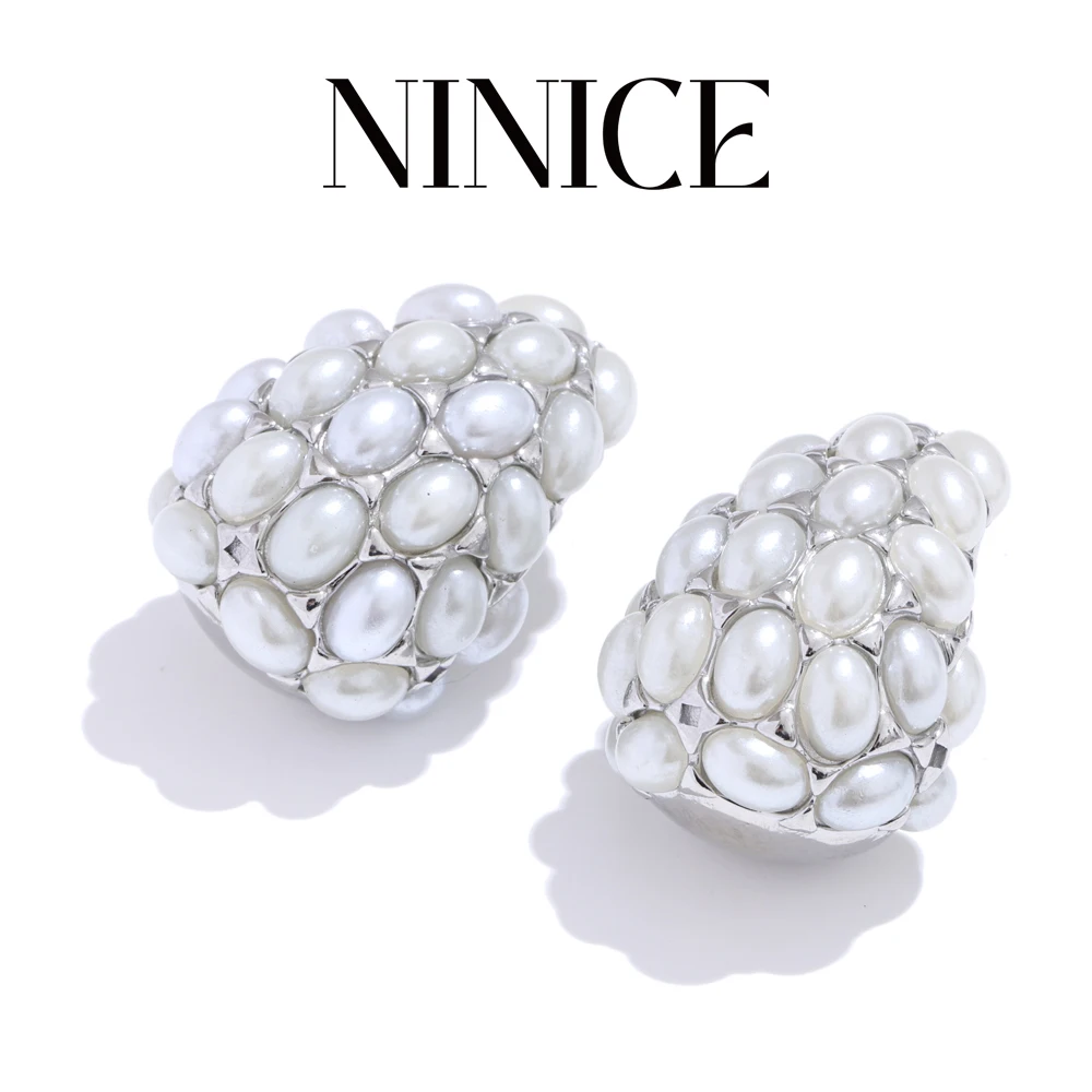 

NiNice 2025 Stylish Unique Design Stainless Steel Inlaid Simulated Pearls Geometric Earrings Exquisite Personalized Jewelry
