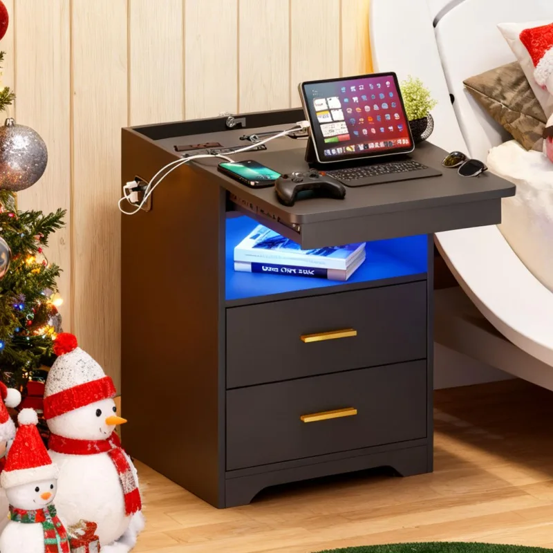 LED Night Stand with Lockable Gun Drawer,Smart Nightstand with Charging Station,Bedside Table with 3-Color Human Sensor