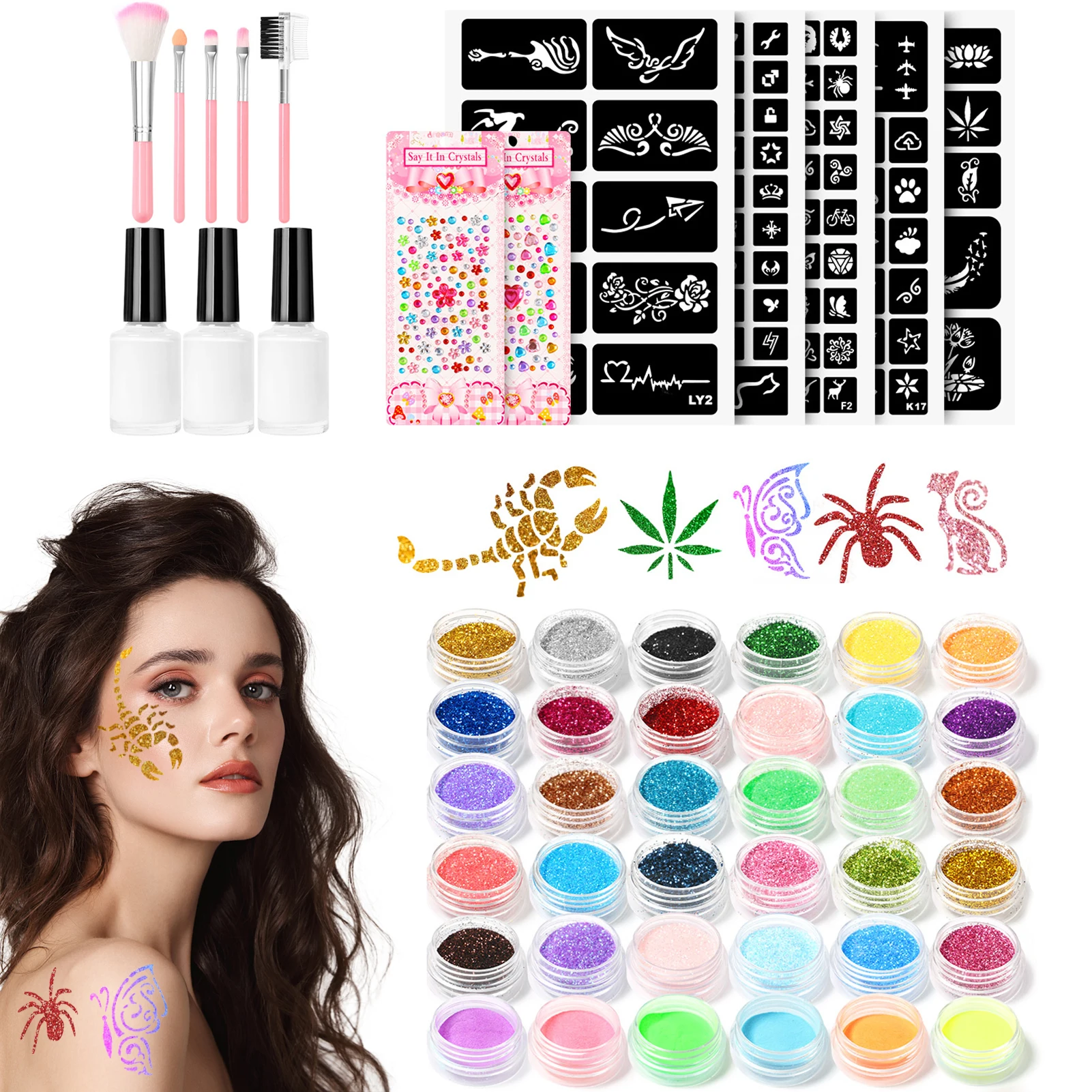 36 Colors Glitter Tattoo Kit With Stencil Glue Brush Makeup Glitter Body Art Design For People Kids Body Painting Glitter Powder