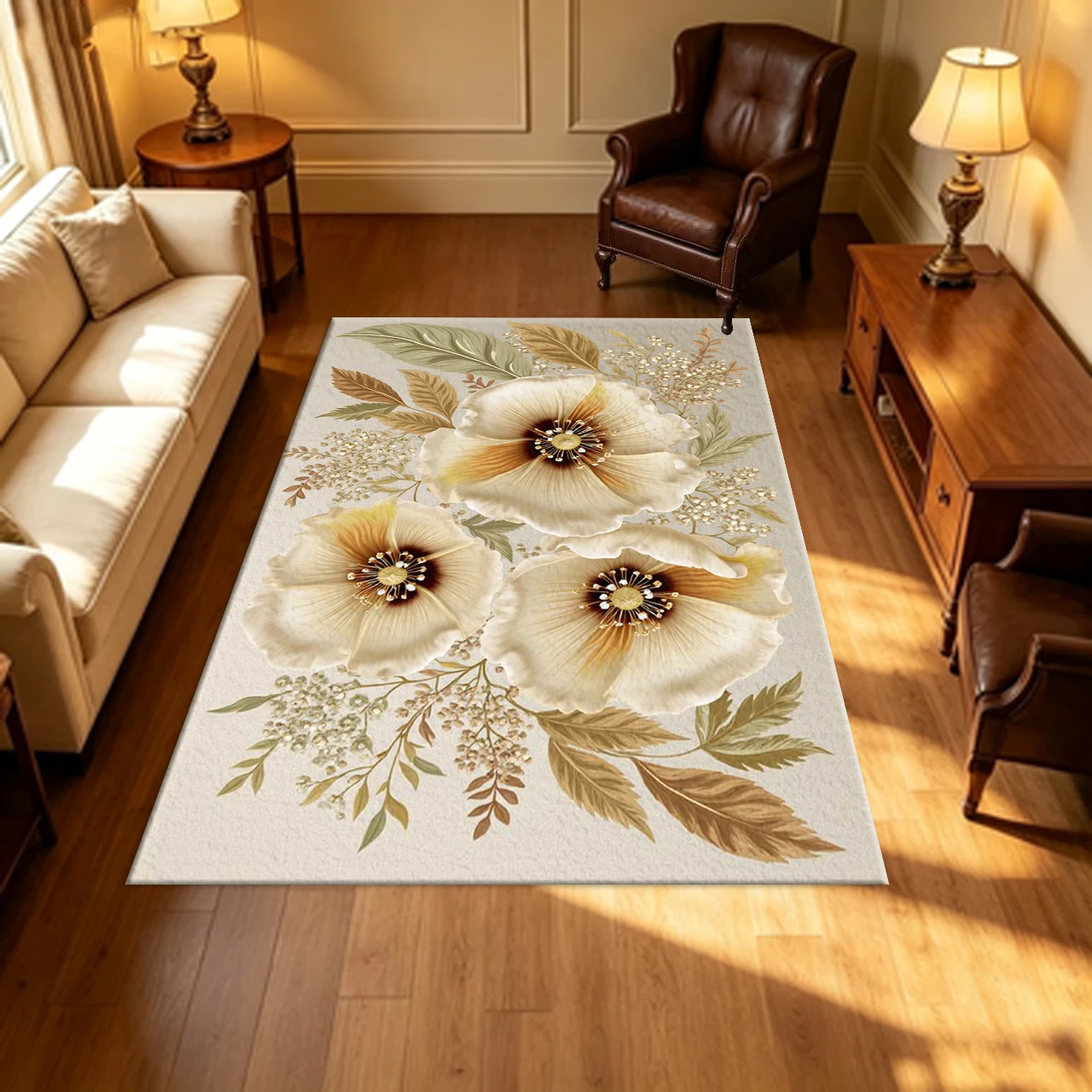 Elegant Retro Beige Poppy Floral Carpet Flooring Soft Neutral Botanic Art Household Living Hall Decor Area Rug Indoor Floor Ornament
