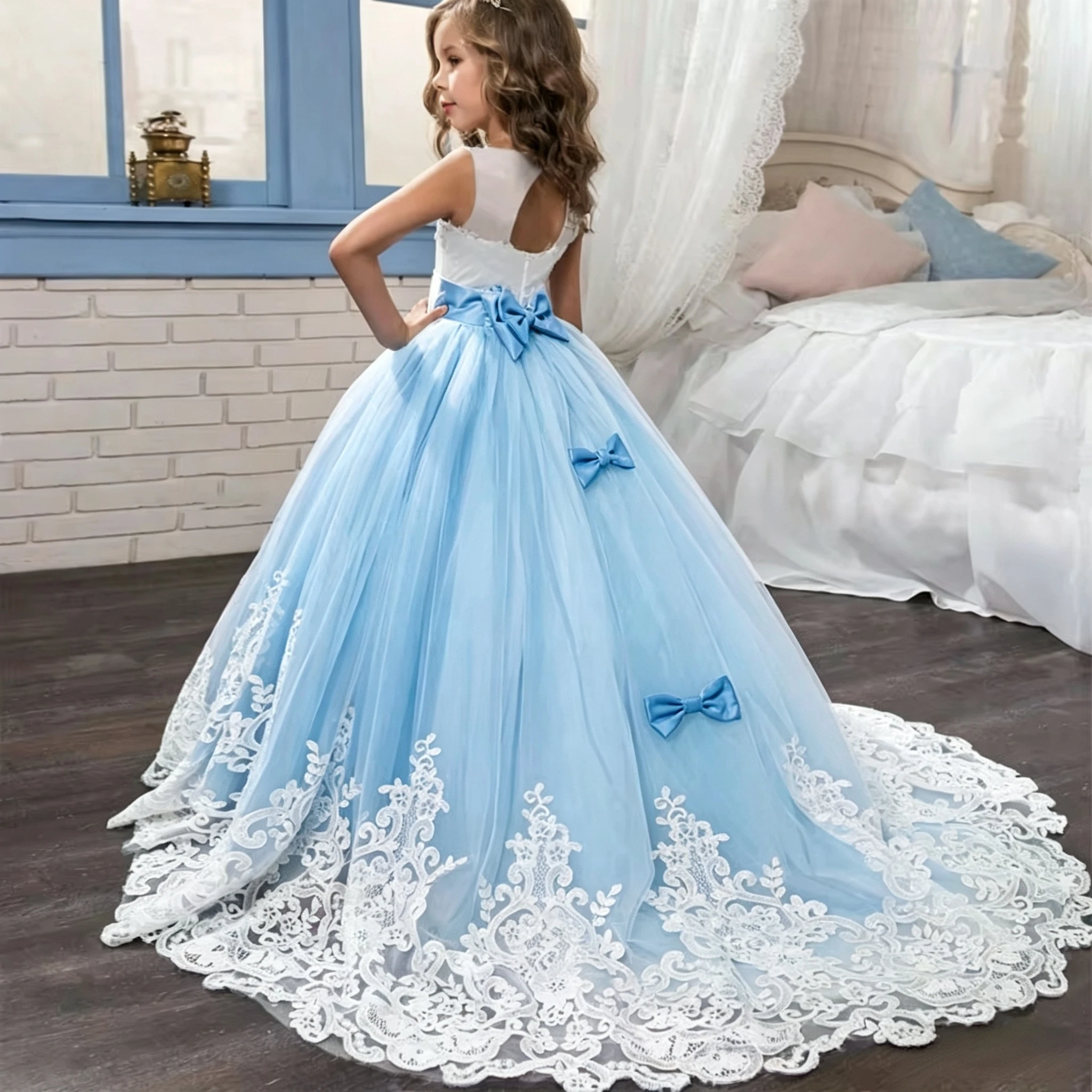 Luxury French Vintage Flower Girl Dress Sheer Hollow Back Pink Satin Waistband Multi Bows Lace Sweep Train Pageant Princess Gown