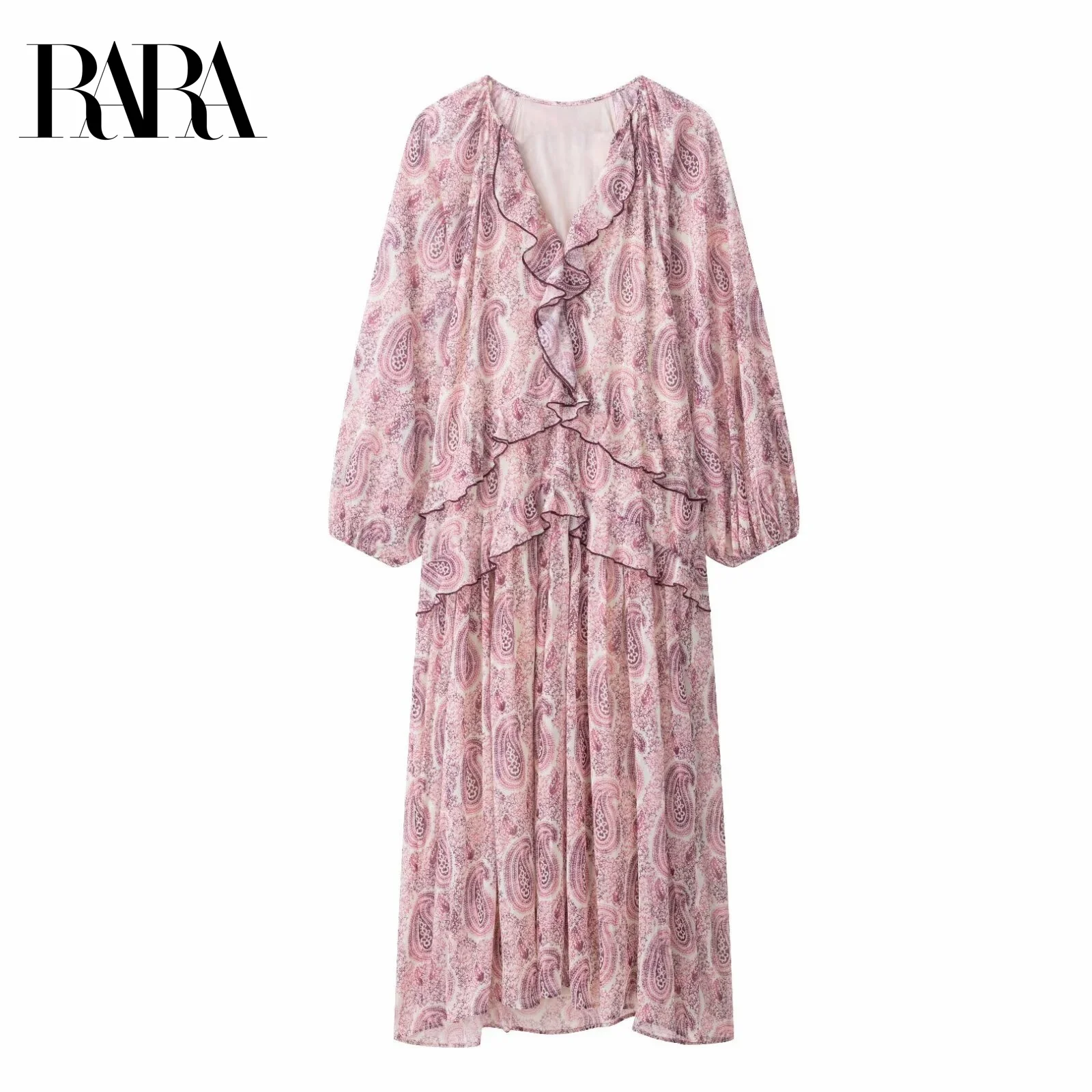 

2025RARA Summer New Women's Casual Fashion Temperament Layered Decorative Print Long-sleeved V-neck Mid-length Dress