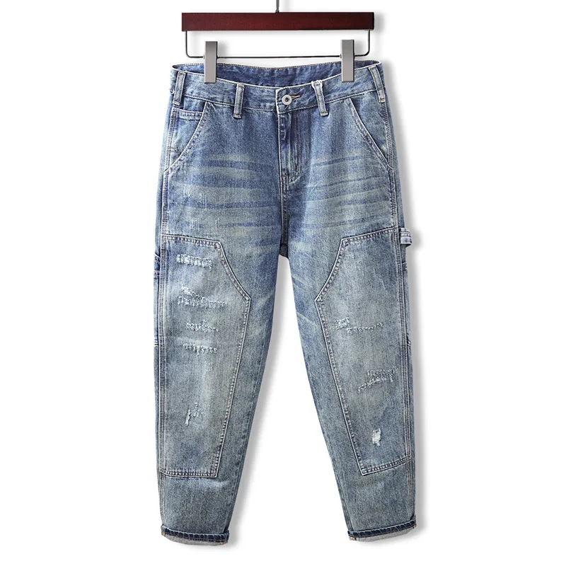 

American retro patchwork design jeans men's fashionable high-end loose straight tube retro scratch denim long pants