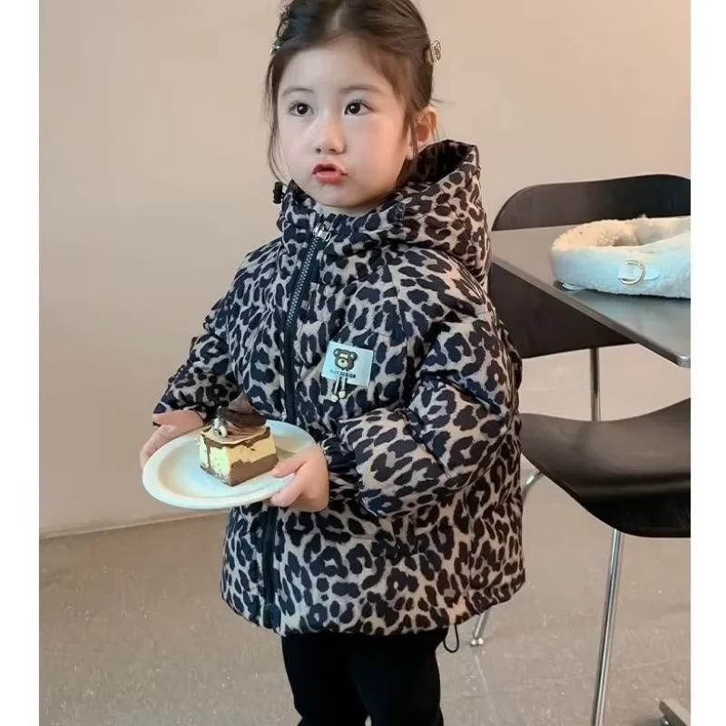 Kids Leopard Print Jacket Winter New Hooded Thick Warm Cotton Coat Boys Girls Down Padded Outerwear 6