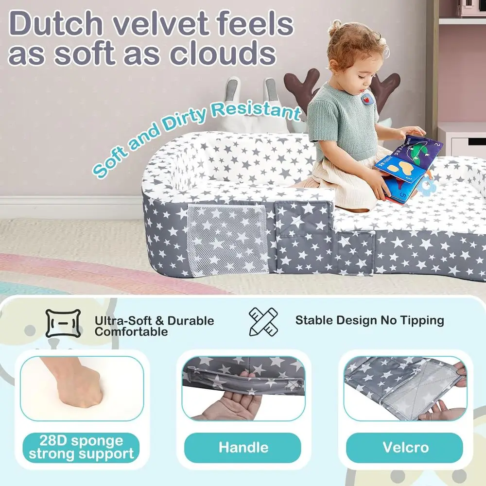 Portable Toddler Bed & Chair Combo - Convertible Crib with Storage, Waterproof Cloth, Washable Cover, Soft Velvet (Stars)