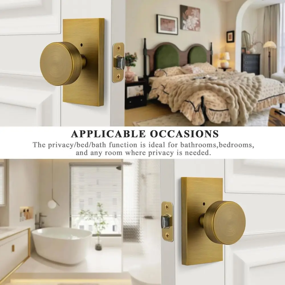 Vintage Style Brass Door Knobs with Lock for Interior Privacy in Rectangular Design