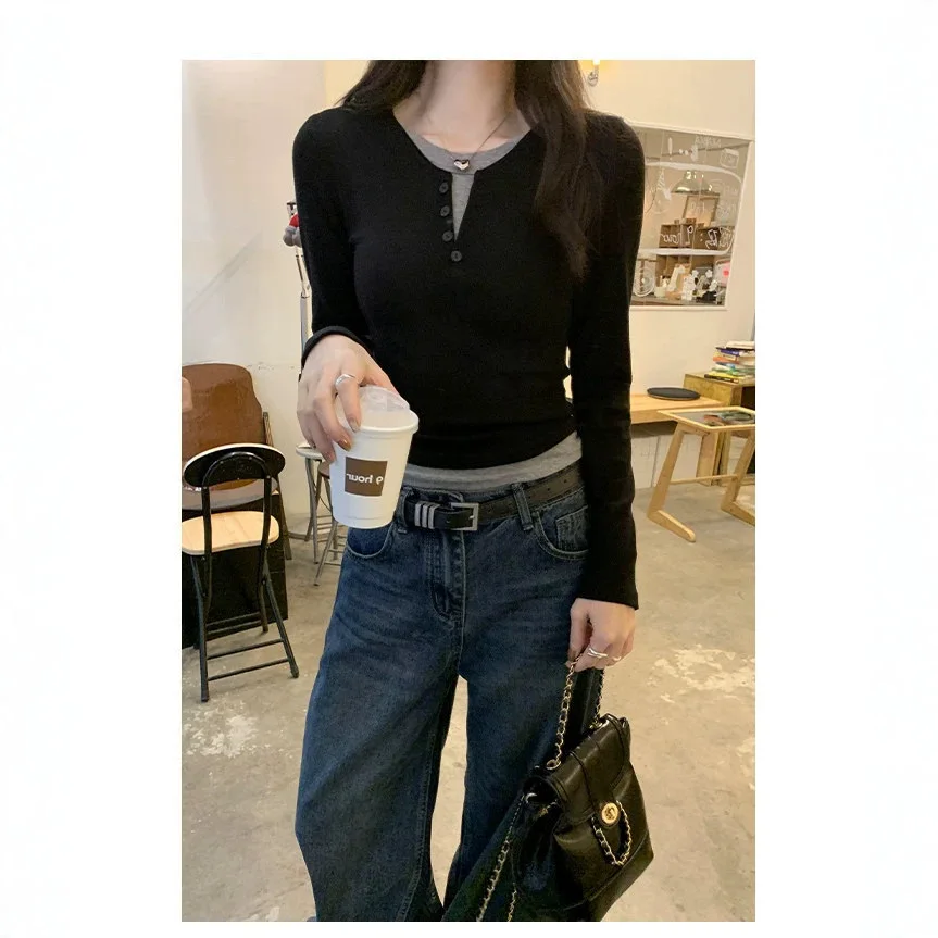 Spliced False 2 Pieces Buttons Kpop T-shirts Women Winter Long Sleeve Tops Slim Y2K Vintage Tees Cheap Clothes Woman Tshirts